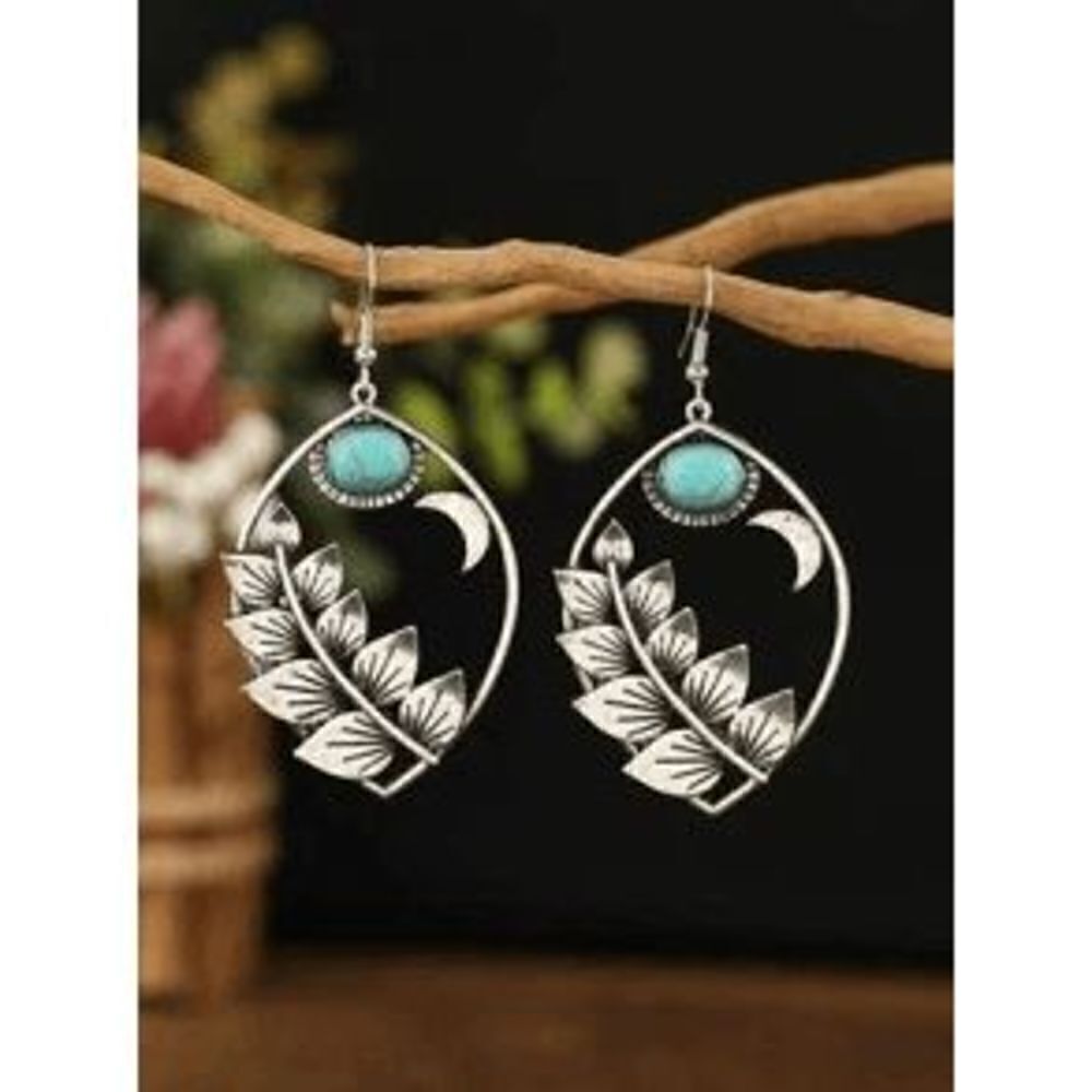 Western Turquoise Silver Leaf Crescent Moon Dangle Earrings
